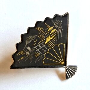 50's Amita Sterling Damascene Fan Brooch Kyoto Inlay Japanese Fujiyama Volcano